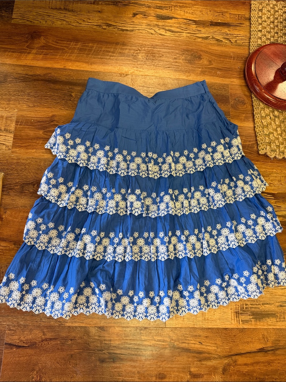 Boden Blue Tiered Eyelet Skirt with White Embroidery
